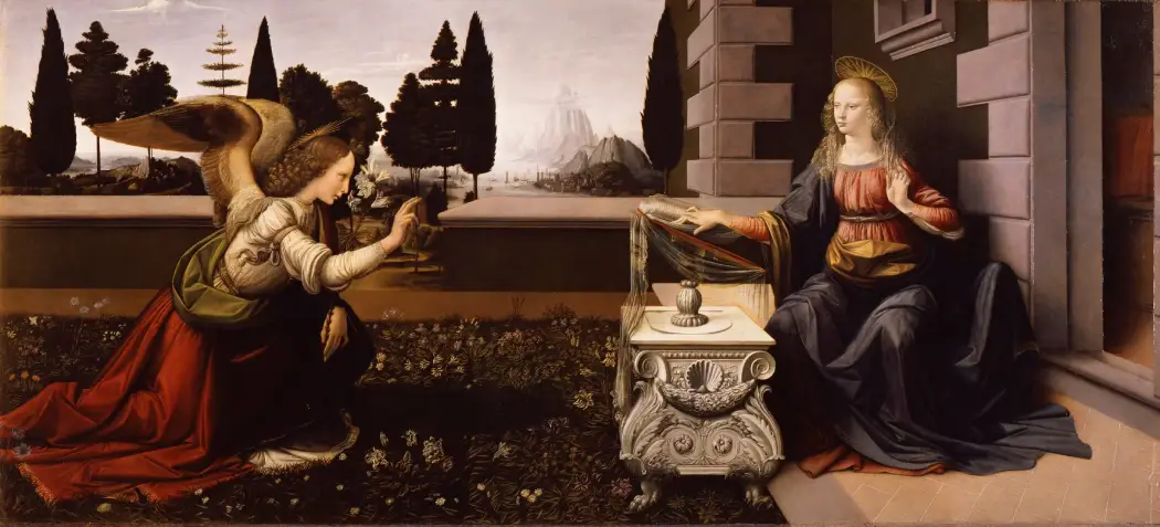The portrait of Annunciazione by Leonardo Da Vinci displayed at the Uffizi Gallery