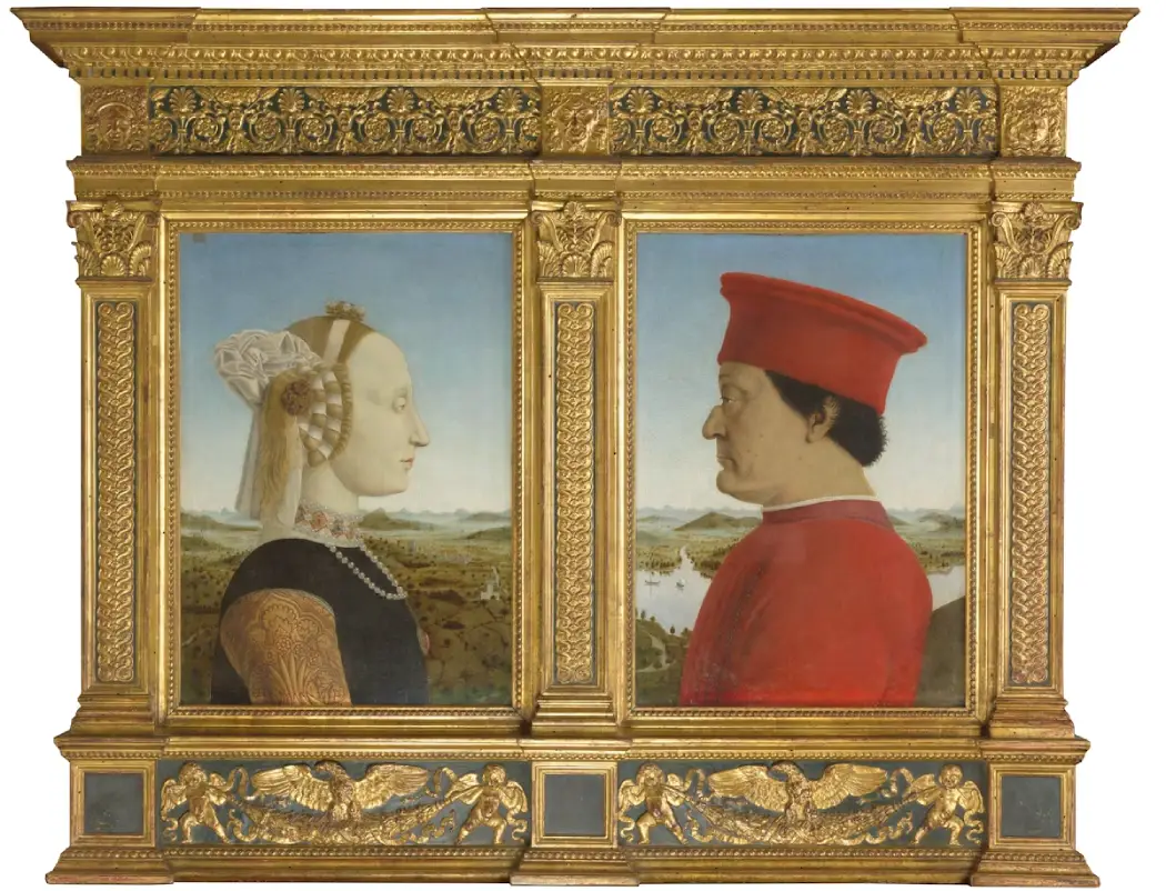 The portrait of the Duke and Duchess of Urbino displayed at the Uffizi Gallery
