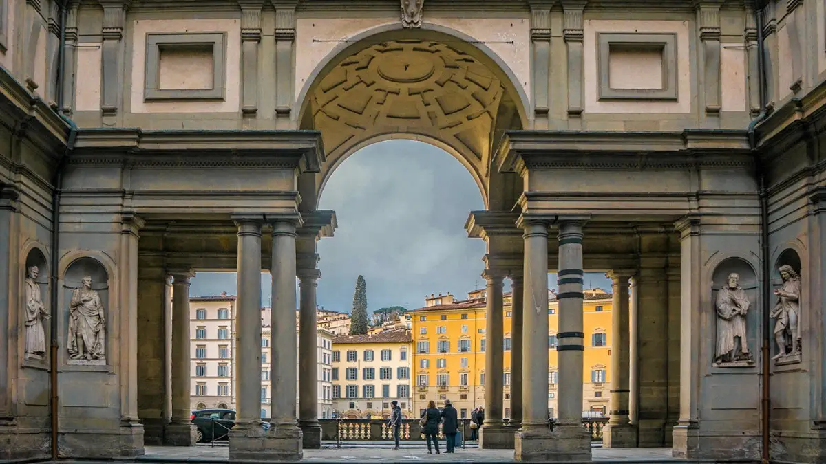 View of the arched entrance to the Uffizi Gallery in Florence