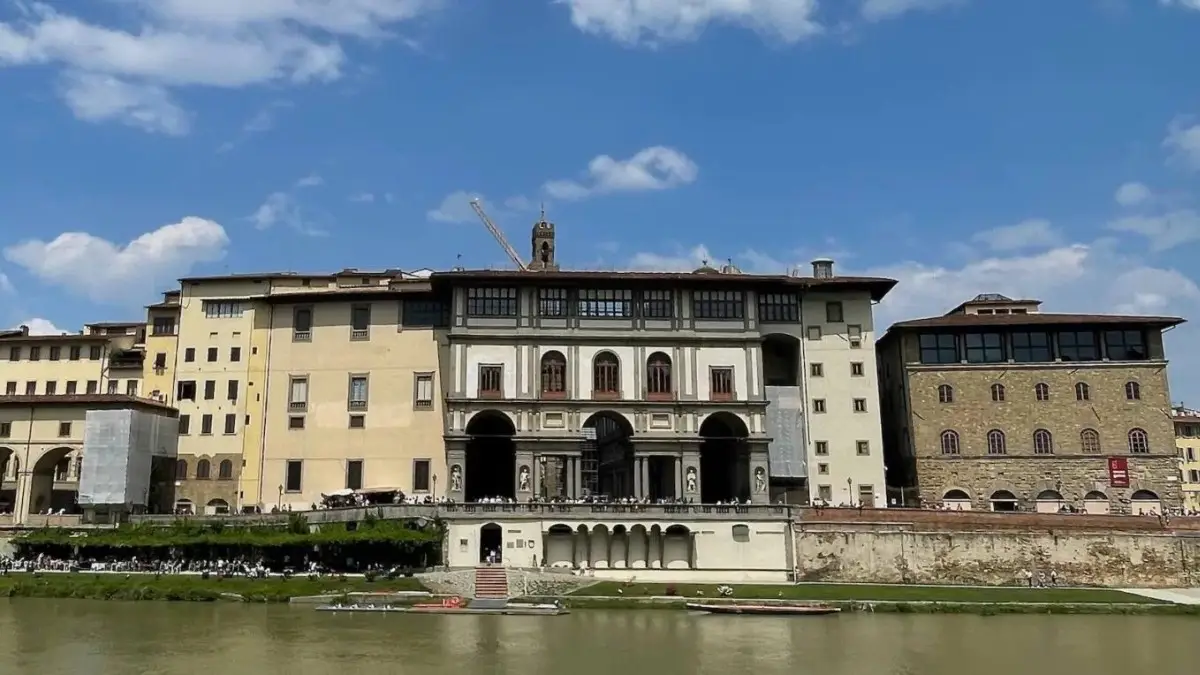 Uffizi Gallery exterior facing the Arno River in Florence.