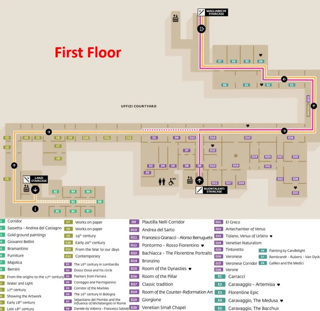  First floor map of the Uffizi Gallery