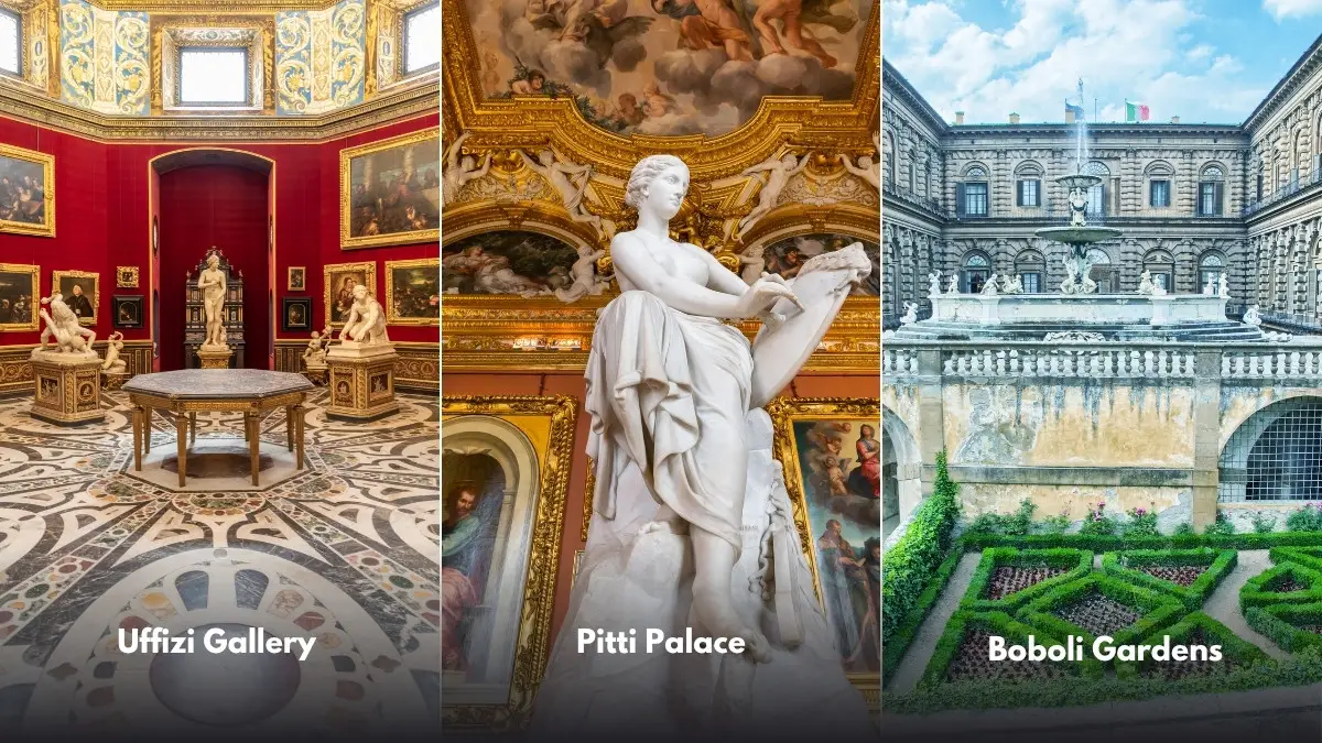 Images of the Uffizi gallery, the Pitti Palace, and the Boboli Gardens